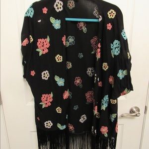 Black and floral kimono with fringe